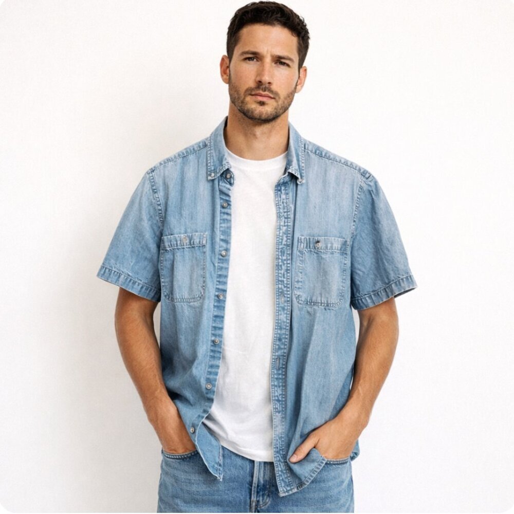 Vintage Light Blue Denim Short Sleeve Button-Down Shirt